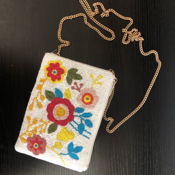 Jane Marie Handbags - Jane Marie‎ Beaded Floral Crossbody Bag White Gold Chain Strap Small Pouch Boho